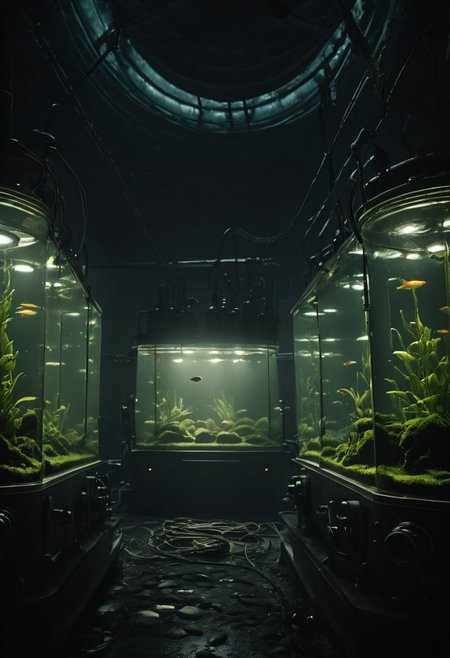 stasis tank with fishes and algae, backlight, a dark eerie laboratory background, cables, bubbles, cyberpunk, closeup portrait, atmospheric haze, Film grain, cinematic film still, shallow depth of field, highly detailed, high budget, cinemascope, moody, epic, OverallDetail, gorgeous, 2000s vintage RAW photo, photorealistic, candid camera, color graded cinematic, eye catchlights, atmospheric lighting, skin pores, imperfections, natural, shallow dof, deep blacks, high monochrome contrast,