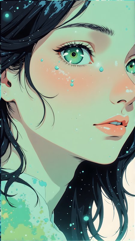 an anime-style illustration of a woman with striking green eyes and long dark hair her expression is serene and slightly melancholic with her mouth slightly open as if she is about to speak or sing there are small blue droplets on her face adding to the dreamy quality of the image the background features abstract shapes and colors including shades of green and blue which complement the overall color palette of the illustration the lighting highlights the contours of her face and hair creating a soft and ethereal atmosphere
j_art, anime, anime art, <lora:FLUX\jul\J_Anime:1.0>, <lora:FLUX\Anime Art V3:0.1>, <lora:FLUX\RM_Artistify_v1.0M:0.1>, <lora:FLUX\RetroAnimeS1.1:0.1>
