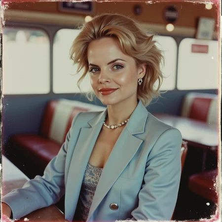 Faded Polaroid Photo, analog film photo gothic style captured with a Leica M6, flash photography enhanced with retro grain, a beautiful young woman wearing a pastel blue 1980s fancy women's suit. portrait in a 1950s diner posing dynamic, slight smile,  analog photo <lora:Mena_S-v2p2:0.8> m3n4v2 . dark, mysterious, haunting, dramatic, ornate, detailed . faded film, desaturated, 35mm photo, grainy, vignette, vintage, Kodachrome, Lomography, stained, highly detailed, found footage, analog, old faded photo, old polaroid, RAW candid cinema, 16mm, color graded portra 400 film, remarkable color, ultra realistic, textured skin, remarkable detailed pupils, realistic dull skin noise, visible skin detail, skin fuzz, dry skin, shot with cinematic camera