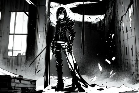 highly insanely detailed, masterpiece, top quality, best quality, highres, 4k, 8k, RAW photo, (very aesthetic, beautiful and aesthetic),  
tsutomu nihei,nihei_tsutomu,blame!,blame gakuen!,abara,TNstyle,sidonia_no_kishi,(hangar),light particles,ventilation fan,ventilation shaft, 
<lora:ABARA:1>, 
(1girl:1.3), 
solo focus, 
Chinese calligraphy in background,âââ
