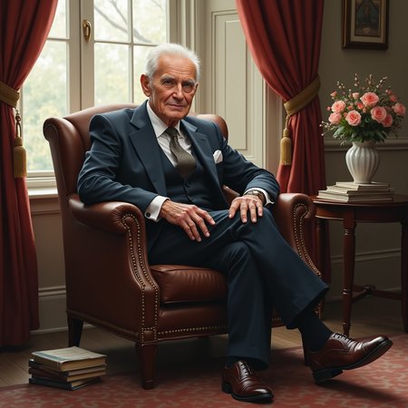 The portrait is a beautifully executed depiction of an elderly man, who appears to be in his late 60s or early 70s. He is seated in a comfortable-looking armchair, positioned near a large window that lets in a soft, natural light. The man is dressed in a smart suit, with a crisp white shirt and a muted tie. His shoes are polished to a high shine, and his hands rest gently on his knees.
The man's face is the focal point of the portrait. His features are etched with the lines and wrinkles of a life well-lived, and his eyes are a piercing blue that seems to look right into the soul of the viewer. His gaze is steady and confident, and there is a hint of a smile playing at the corners of his mouth.
The room around the man is tastefully decorated, with richly colored drapes framing the window and a plush rug underfoot. There are a few books scattered on a nearby table, and a vase of fresh flowers adds a touch of color to the scene. The overall effect is one of warmth and comfort, as if the man is inviting the viewer to sit and chat with him for a while.
The lighting in the portrait is soft and subtle, with the window providing a gentle glow that highlights the man's features without being too harsh. The artist has used a skilled hand to capture the play of light and shadow on the man's face, creating a sense of depth and texture that is truly striking.
Overall, the portrait is a beautiful and evocative depiction of an elderly man in his prime. It captures the wisdom and experience of a lifetime, as well as the quiet confidence and dignity that comes with age. The artist has done an excellent job of conveying the man's personality and character, making for a truly memorable and striking work of art.