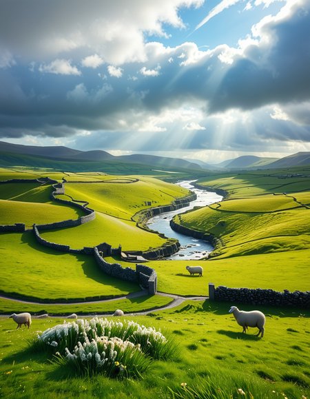 A breathtaking, high-resolution photograph of the rolling plains of Ireland, stretching endlessly under a vast, cloud-streaked sky. The landscape is a lush, vibrant green, with gentle hills covered in soft grass and dotted with scattered wildflowers. Ancient stone walls and winding dirt paths cut through the fields, marking old farmland boundaries. In the distance, a few solitary sheep graze peacefully, their white wool contrasting against the emerald grass. A small, clear river meanders through the valley, reflecting the soft light of the sky. The horizon is framed by low, misty mountains, adding depth and mystery to the scene. Above, the sky is a mix of bright blue and fluffy white clouds, casting dynamic shadows across the landscape as beams of sunlight break through. The atmosphere is serene, timeless, and rich with the natural beauty of the Irish countryside.
<lora:SDXLFaeTastic2400:0.4> <lora:extremely_detailed:0.4> extremely detailed, <lora:rolling_plains_of_1r3l4nd:1>,rolling plains of 1r3l4nd, Masterpiece,best quality,hi res,8k,hi res,8k,award winning,(sharp focus, intricate, highly detailed),
