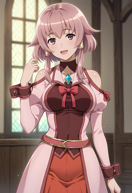 emma_flores, pink eyes, long hair, sidelocks, pink hair, medium breasts, adventurer outfit, jewel, jewelrt, ribbon, pink jacket, open jacket, red shirt, belt, red skirt BREAK  indoors, medieval, ballroom, BREAK looking at viewer, sexy face, sexy smile, open mouth, cowboy shot, BREAK score_9, score_8_up, score_7_up, source_anime ,zPDXL, perfect hand,  <lora:Emma_Flores:0.8>