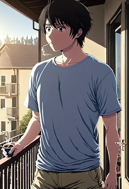 high resolution, solo, best quality, 1Boy, Inaho Kaizuka, Black Hair, home balcony, morning, cigarette, coffee, t-shirt, shorts, looking away, OverallDetail