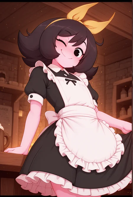 masterpiece,best quality,amazing quality, masterpiece,best quality,amazing quality, <lora:marigold_cabronpr_illustrious_v1f:0.7> marigold, 1girl, solo, hairbow, no nose, black eyes, looking at viewer, smile, one eye closed, BREAK
maid, frilled dress, apron, cafe, dark, low lighting, dim lighting, light particles, tavern, depth of field, detailed backgorund, <lora:merunyaa_style_illustrious_v1f:1> mnyastyle