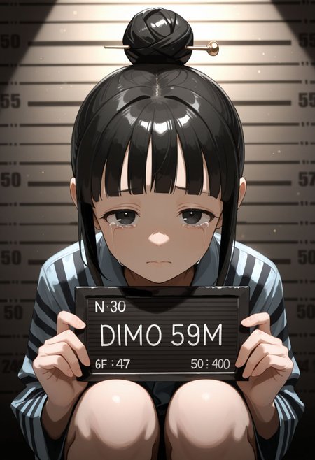 masterpiece,best quality,absurdres,highres,very aesthetic,high quality,detailed,insanely detailed,beautiful,perfect lighting, ,depth of field,blurry background,bokeh, looking at viewer, 
 <lora:Mokuren illu:1> 1girl, black hair, black eyes, single hair bun, blunt bang, hair ornament, sidelocks, hair stick, 
prison clothing, tsk, sad face, volumetric lighting, dim background, mugshot, tears, squat,