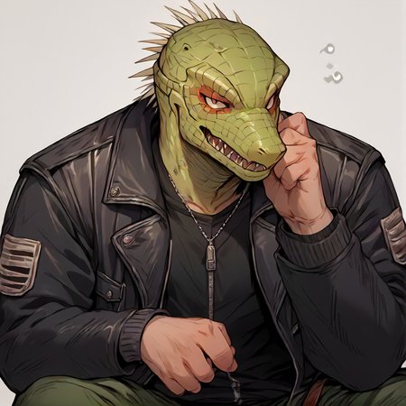score_9, score_8_up, score_7_up,  <lora:Kaiman:0.9> kaiman, lizard head, human body, jacket, pants, mask, solo, 1boy