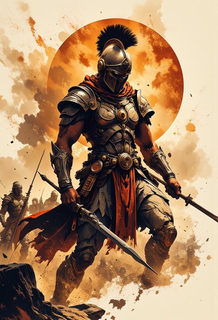 In the style of ff-td, Inkplash art on rice paper, sepia, henna , Silhouette Art, magnificent, inksplash poster art,  warrior woman in bronze age Greek armour, thrusting a spear towards the viewer, dynamic image, abstract battlefield background
