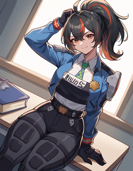 score_9, score_8_up, score_7_up, source_anime, <lora:zhu-yuan-ponyxl-lora-nochekaiser:1>, zhu yuan, black hair, medium breast, big butt, orange eyes, black hair, red hair, multicolored hair, streaked hair, long hair, ponytail, ahoge, hair between eyes, confident, blue jacket, police, policewoman, police uniform, high-waist pants with robotic guards, shoulder guards, front belt with star-shaped symbol, checkered necktie, black gloves, police badge, uniform, black shoes, wrist guards, white shirt, long sleeves, police theme, blue footwear, indoors, sitting at desk, confident smile, looking at object, solo, adjusting hair, office setting, soft lighting, cowboy shot, dutch angle