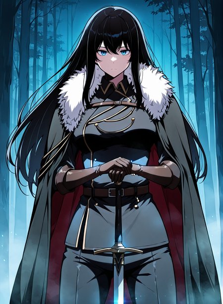 <lora:Karina_Dragonia__The_Knight_King_Who_Returned_with_a_God__Illustrious:1>
1 girl, solo, blue eyes, long hair, black hair, loose hair, hair between the eyes, bangs, sidelocks,
black jacket, black uniform, black gloves, uniform, black cape, black shoes, black pants, jacket, elbow gloves, belt, brown gloves, fur-trimmed cape, high boot
score_9, score_8_up, score_7_up, very aesthetic, source_anime, detailed, high quality, beautiful, masterpiece, detailed eyes, hands on hilt, looking at viewer, cowboy shot, legs apart, outdoors, night, blue theme, fog, forest