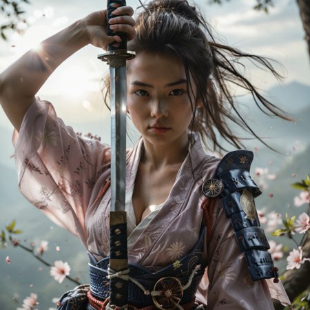 score_9, score_8_up, score_7_up, score_6_up, score_5_up, score_4_up, zPDXL3, zPDXLrl, beautiful cute samurai girl with sleek black hair, bandana, Asian, Japanese, oriental, cute face, intricate, ponytail, close up, <lora:PerfectEyesXL:0.85>, perfecteyes, brown eyes, disciplined, highly detailed, katana sword, arm up unsheathing sword, sword gleaming in the sunlight, lens flare, samurai detailed armour, Japanese style, small breasts, (cleavage), feudal Japan, sashimono, shogun, honourable, ((cherry blossoms:0.4)), perfect blossom, windswept, masterpiece, sunrise lighting, finely detailed focused eyes, HDR, 4k, hyper-realistic, high definition, realistic skin, skin pores, detailed skin, deep skin, ((portrait photography:1.1)), close up photography, <lora:zy_Realism_Enhancer_v1:0.6>