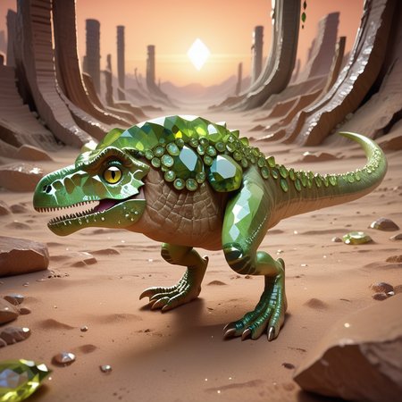 embedding:lazyup, dinosaur made of hud_per1d0t_wrld, green gemstone, crystal, gem, shiny, roaming a desert oasis with crystal cacti and mirage-like horizons, prehistoric grandeur, textured terrain, sunset hues <lora:hud_per1d0t_wrld_XLP:1.0000000000000002> <lora:TrendCraft_The_Peoples_Style_Detailer-v2.0A-3_13_2025-PonyXL:0.4000000000000001>