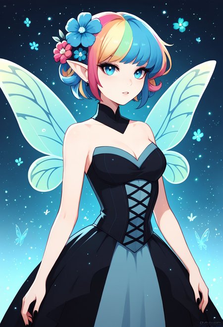 score_9, score_8_up, score_7_up,  adult gothic fairy with colorful hair, (sexy pose: 1.3), fantastical cornflower blue themed background, ultra sharp, glowing particles   <lora:PonyMinimalStyle:1> MinimalStyle
