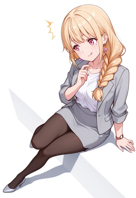 masterpiece,high quality details, absurdres,
 <lora:Yuriko:0.8>
yuriko_cnr, 1girl, blonde hair, long hair, single braid, pink eyes, mole, mole under eye,earrings,
collarbone,office lady, grey jacket, white shirt,pencil skirt, black pantyhose, high heels, wristwatch,, simple background, white background, dutch angle,solo,, surprised,thinking,, ;q,, sitting sideways,slight head tilt,one foot propped on surface,