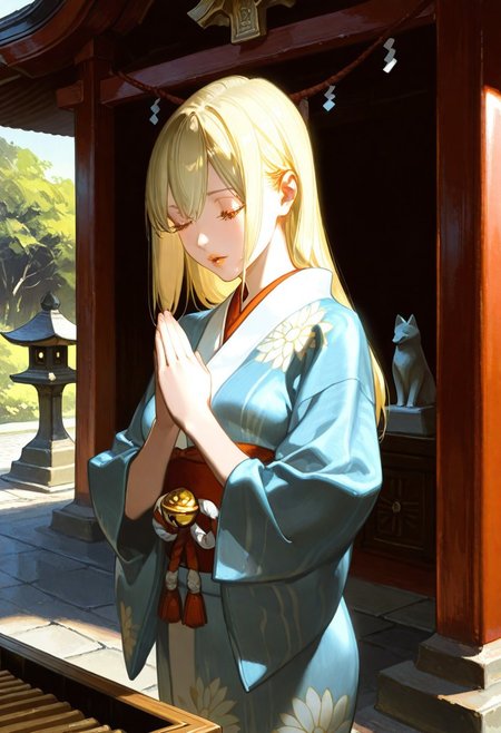 xsabux, oil painting \(medium\), brush \(medium\), sharp brush strokes, ((minaba hideo)), rella, ask \(askzy\), rolua, extremely detailed, studio lighting, magnificent composition, fashion, masterpiece, best quality, very aesthetic, absurdres,  eye-catching, 1girl, aiz wallenstein, long hair, blonde, realistic hair, yellow eyes, big pupils, detailed eyes, pretty eyes, long eyelashes, detailed lips, shiny lips, plum lips, beige skin with rosy blushes, detailed skin, textured skin, detailed face, pretty face, detailed facial expression, demure, taut, athletic, skindentation, danmachi, diagonal shot with clockwise rotation, foreshortening, vibrant colors, shadows, solo, eyes closed, own hands together, praying, solo, standing, white halation, chrysanthemum-printed kimono, pale blue kimono, shinto shrine, jinja, haiden, shide, Gohei, shimenawa, kouhaku nawa, shrine bell, shrine, hakurei shrine, fox statue, stone lantern, stone walkway, hatsumoude, donation box,