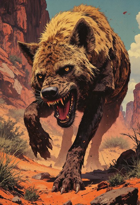 8K, masterpiece, ultra high-definition macro photography, ultra-detailed, Nikon D850, 105mm f/2.8 macro lens, soft diffused natural light, digital painting with photographic realism, hyperrealistic depiction of a wild hyena in an aggressive stance, mouth wide open exposing jagged yellow teeth and a slick pink tongue, eyes narrowed with intense predatory focus, richly detailed fur in layered shades of brown, beige, and black—short and long strands adding tactile depth, raised hackles emphasizing tension, large rounded ears with dark inner texture and tufts of fur, sharp claws extended in dynamic motion, positioned in a rugged savannah scene with cracked ochre earth, scattered tufts of dry grass, thorny acacia shrubs and sparse desert vegetation, warm ambient light casting soft shadows, dust particles subtly suspended in air, harmonious blend of realism and painterly composition, mood is wild, raw, and powerfully visceral.