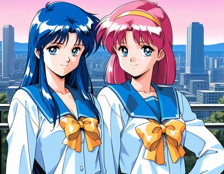 masterpiece, best quality, good quality, <lora:AiShimai_Futari_no_Kajitsu_IS:1> Kitazawa_Rumi, 1girl, blue hair, breasts, long hair, blue eyes, 
school uniform, serafuku, retro artstyle, 1990s (style) BREAK, Kitazawa_Tomoko, 1girl, pink hair, Yellow hairband, small breasts, short hair,
serafuku, school uniform, Yellow ribbon, 1girl, BREAK,
 multiple girls, 2girls, blue eyes, blue hair, long hair, retro artstyle, long sleeves, smile, bow, blue sailor collar, sailor collar, 1990s (style), upper body, looking at viewer,
outdoor, sky, city,