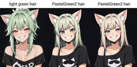 1girl, cute, cat ears, toothy grin, t-shirt, off-shoulder, light green hair, black background