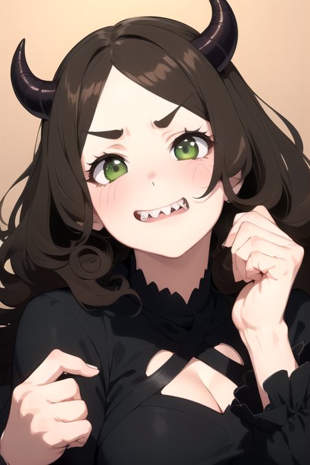 anime, best quality, (masterpiece:1.4), (high quality:1.4), sharp focus, <lora:hyperdenoiser_v090:0.5>, <lora:hyperrefiner_v090:0.5>, <lora:add_detail:0.3>, 4k, absurd resolution, detailed hands, <lora:sd15_lora_beta:0.7>, <lora:ETO_OC:0.2> ETO-OC, <lora:ETO_OCC006:0.7>, ETO_OCC, (curly hair:1.4), (long hair), (black hair:1.5), thick eyebrows, pale skin, (plump:1.2), grin, (mature female:1.8), (evil grin), (parted hair:2), (parted bangs:1.8), (round face:1.8), (no bangs:2), (round-chin:1.7), <lora:taremeEyes_v10:0.5>, (ah1), <lora:partedbangs:0.8>, (greenish brown eyes), (brownish green eyes), big breasts, (hands on face), <lora:Fantasy_Demon:0.5> FanDem, 1girl, demon girl, demon tail, glowing eyes, holding, horns, <lora:Better Sharp Teeth 3:0.6> good sharp teeth, (sharp teeth:1.3),