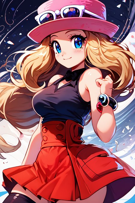 score_9, score_8_up, score_8, medium breasts, (curvy), cute, eyelashes,       BREAK, , BREAK, zzSerena, solo, long hair, blue eyes, eyewear on headwear, pink headwear, eyelashes, sleeveless shirt, black shirt, bracelet, high-waist skirt, red skirt, black thighhighs,<lora:SerenaPokemon_PDXL_r1:0.8>, <lora:Konpeto_PDXL_v3:1.0>, , BREAK,  smile, looking at viewer, cowboy shot,  embedding:zPDXL, Expressiveh, <lora:SDXLFaeTastic2400:0.5>,  <lora:Expressive_H-000001:0.4>,