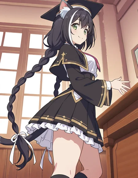 (karyl (transfer student),streaked hair,multicolored hair,black hair,white hair,very long hair,low twintails,white ribbon,bangs,twin braids,black headwear,green eyes,cat girl,animal ear fluff,cat ears,cat tail,necktie,black long wide sleeves,collared white shirt,black pleated skirt,black socks,1girl,smile),day,medieval school classroom,
(from side,from below:2) ,
looking at viewer,
medium breasts,
perky breasts,realistic proportions,natural looking breasts,explicit,hair between eyes,strong outlines,clean lineart,harsh lines,slim,curvy,(narrow waist:0.1), wide hips,thick thighs,detailed body,skindentation,matte skin,smooth skin,deep skin,soft brightness,detailed mouth,kawaii,moe face,
(anime screencap),(anime coloring:1.2),anime style, Japanese anime, cel-shading, clean lineart, vibrant colors, sharp facial features, 2D illustration, anime screencap style,anime background scenery,detailed linework,intricate details,(masterpiece,best quality,amazing quality),IllusP0s,(very aesthetic,absurdres:1.2),16k,highres,perfect hands,five fingers,detailed hands,
 <lora:ããªã³ã»ã¹ã³ãã¯ãReDiveã­ã£ã«illustriousPrincess_Connect_ReDivekarylillustrious:1:0.8>