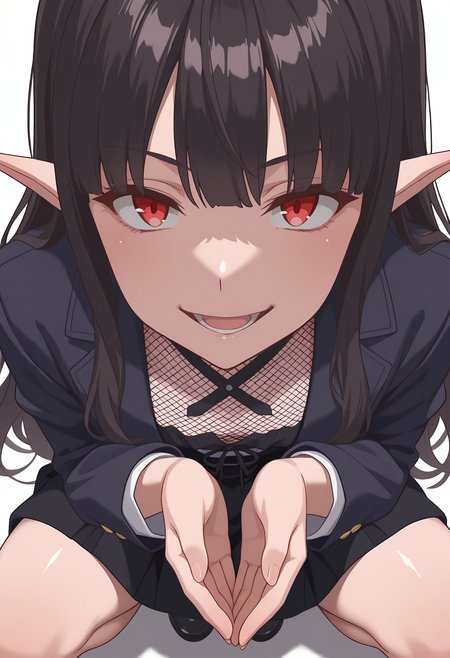 Smooth Quality,masterpiece,very intricate, high quality details, ultra realistic, high detailed skin,detailed enviorement,absurdres,
simple background, white background,
from above,crazy smile,crouching, hands together, foot forward, intense, ready,  ,
suspender skirt,  ,blazer, ,mesh shirt,  , <lora:Reese_evecnn:0.8>evecnn,1girl, long hair, black hair, red eyes, pointy ears, bangs,