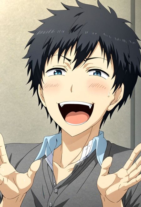 high resolution, solo, best quality, 1Boy, Arata Kaizaki, Black Hair, Blue Eyes, laughing, tickled, OverallDetail