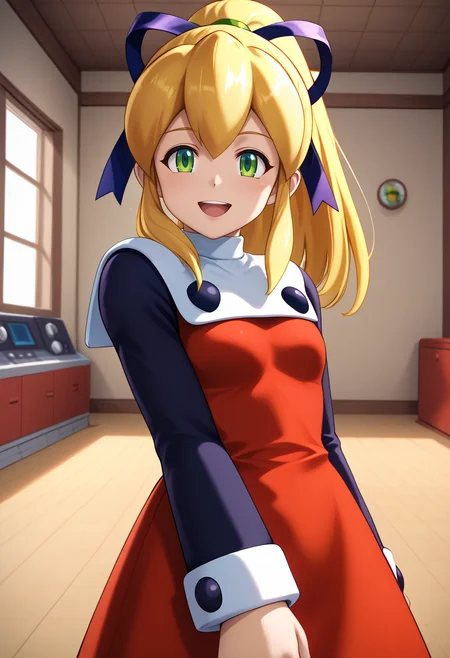 newest, masterpiece, best quality, 4k,
indoors, very aesthetic, detailed background, face focus
1girl, solo,  <lora:RollPony:1> r0ll, roll (mega man), long hair, blonde hair, hair ribbon, ponytail, green eyes, sidelocks, red dress, smile, open mouth,