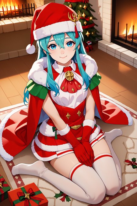 score_9, score_8_up, score_7_up, score_6_up, source_anime, 1girl, solo  <lora:wintereirika-pdxl-nvwls-v1-000005:1> wntEir, cyan hair, long hair, hair between eyes, santa hat, santa costume, santa dress, red ascot, fur trim, red gloves, red cape, sleeveless, white thighhighs, sitting, fireplace, on ground, carpet, indoors, looking at you, holding gift box, smile