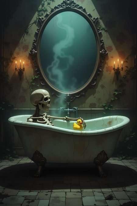 In the dim glow of flickering candlelight, a skeleton reclines in an old-fashioned clawfoot bathtub filled with deep, murky water, its bony fingers delicately holding a bright yellow rubber duck. The cracked porcelain of the tub is stained with age, its once-pristine white now mottled with creeping veins of rust and grime. Wisps of mist curl up from the waterâs surface, giving the scene an eerie, dreamlike quality, as if the skeleton itself is caught between the realms of the living and the dead. Surrounding the tub, the crumbling walls of an abandoned Victorian bathroom loom, covered in peeling floral wallpaper and ivy that has begun to reclaim the space. A grand, dust-covered mirror hangs above the tub, its reflective surface fogged over, distorting the flickering candle flames into ghostly shapes. The skeleton's empty eye sockets seem almost amused, its bony grin permanently frozen in a moment of morbid joy as it bobs the duck up and down. Shadows dance along the cracked tile floor, moving in rhythm with the candlelight, giving the illusion that unseen figures are watching from the corners of the room. Despite the decay and the eerie silence, there is an undeniable innocence in the scene, as if even in death, simple joys remain.<lora:aesthetical-000003:0.15><lora:aidmaNSFWunlock-FLUX-PonyStyle-v0.1:0.15><lora:Flux-jijia:0.1><lora:GLSHS:0.6>