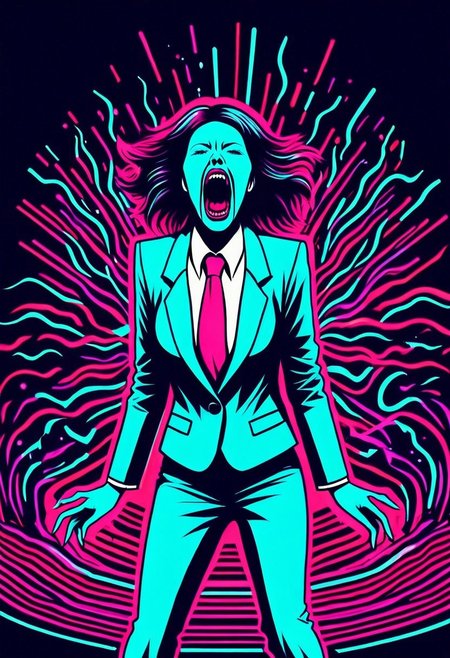 4D cosmic horror vector graphic of Screaming Woman in a suit, high quality, high resolution, neon nightmares, very detailed, bold lines, high contrast, demarie claire