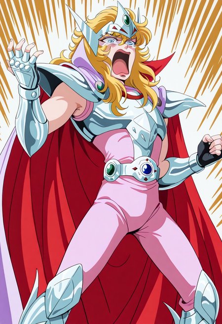 masterpiece, best quality, SS_MIS, 1boy, male focus, blue eyes, tsurime, light pink lipstick, blonde hair, wavy hair, long hair, circlet, (white-violet cape, red inner cape, high collar), silver pauldrons, silver breastplate, silver fingerless gauntlets, sleeveless pink bodysuit, belt, belt buckle, silver greaves, retro artstyle, aquascreaming, screaming, open mouth, crying with eyes open