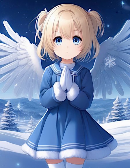 short twintails, blonde, 1girl, blue /santa dress/, blue longsleeve dress, zettai ryouki, blue thighhighs, mittens, angel wings, praying, snowflakes, chibi bishoujo, snowy landscape, sparkling snowflakes, snowy twilight sky, pretty blue eyes