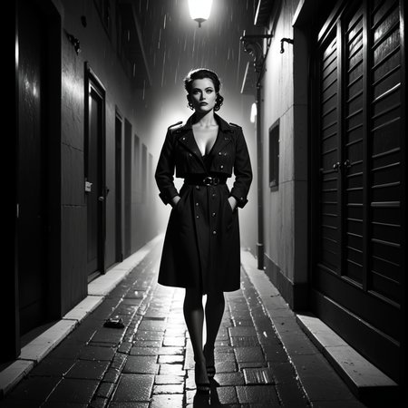 Film noir style nstylev2, Film noir style, ultra realistic, ultra defined textures, monochrome, dynamic posing, a curvy blond with freckles femme fatale speeds down a rain-slicked highway in a stolen convertible, the wind whipping through her dark curls. She wears a trench coat over a silk slip, the fabric clinging to her as she drives barefoot, a cigarette dangling from her lips. In the passenger seat, a wide-eyed man grips a briefcase full of stolen money, his pulse racing as he watches her. She laughsâa wild, untamed soundâand floors the gas. Behind them, flashing red and blue lights appear in the distance. She isnât running from trouble. She is the trouble.<lora:Noir-Style_FilmPhotography_V1_-_Pony:0.8> . Monochrome, high contrast, dramatic shadows, 1940s style, mysterious, cinematic