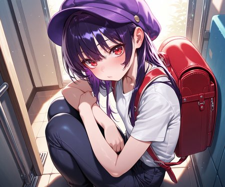 masterpiece, best quality, amazing quality, uncensored, 1girl, solo,  purple hat, long hair, dark purple hair, red eyes, shirt, pants, backpack,  looking at viewer,   <lora:Kakuchou no Okina style ILL-v2:1> kakuchounookina
