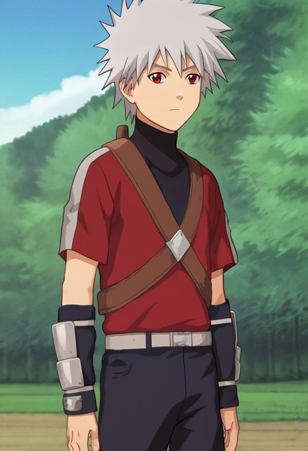 youngkakashi, solo, solo focus, 1boy, lean body, wear red shirt, unbuttoned shirt, wear black shorts, outdoor, sunny day, clear sky