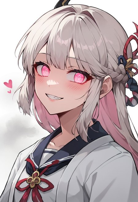 score_9, score_8_up, score_7_up, source_anime, rating_safe , 1girl, solo,long hair, white hair, pink hair, multicolored hair, braid, pink eyes,  japanese clothes, school uniform,glowing eyes,blush, evil smile, evil looking, 4k, detailed, from below, teeth, glowing eyes, yandere, upper body ,white background, half closed eyes, seductive look, naughy face, hearts, steam, vapor, katana on back, sword on back, cute, young, ((blush)), wide open eyes