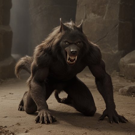 score 9, score 8, score 7, score 6, 1boy, furry male, solo, black fur, animal ears, yellow eyes, sharp teeth, claws, werewolf on down on all paws with tail in the air, wagging tail, trying to look friendly