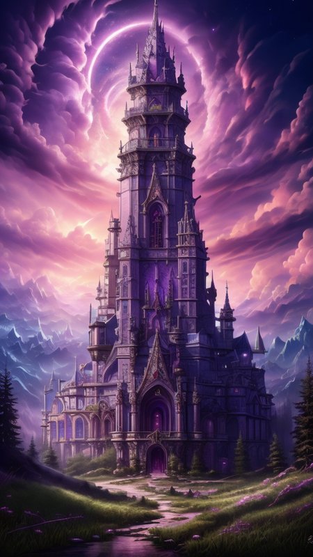 Gothic style, 
neonpunk style, 
ethereal fantasy concept art of  
Masterwork Painting, Magnum Opus, 
 <lora:Wizard_Tower:0.75> witow, castle, cloud, cloudy sky, grass, no humans, scenery, sky, tower, tree, <lora:Fantasy_Mountains:0.75> fanmou, footprints, forest, grass, nature, no humans, outdoors, sky, tree,
  highres, 8k, uhd, High Dynamic Range, tonemapping, crisp details,  intricate details, fine details,
. magnificent, celestial, ethereal, painterly, epic, majestic, magical, fantasy art, cover art, dreamy,
. cyberpunk, vaporwave, neon, vibes, vibrant, stunningly beautiful, crisp, detailed, sleek, ultramodern, magenta highlights, dark purple shadows, high contrast, cinematic, ultra detailed, intricate, professional,
. Dark, mysterious, haunting, dramatic, ornate, detailed
