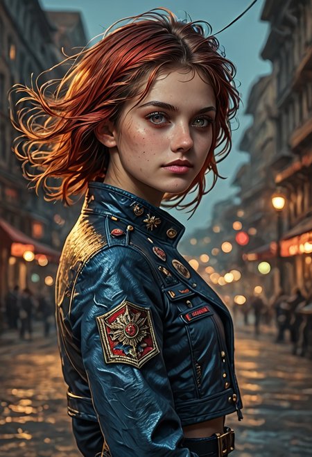 1girl, side view, she is Nausica of the Valley of the Wind, solo, masterpiece, absurdres, best quality, (colorful), cinematic lighting, realistic, dynamic pose, extremely detailed, head turned to look at viewer, red hair, beautiful detailed face,(intricate detailed blue short military jacket with gold inlaid, cleavage,extremely short miniskirt, military black boots), stands alone on the middle of a street with lampposts and burning fires in the background, solo, masterpiece, absurdres,  dynamic pose, the Sun shines over her, sun rays in her hair,subsurface scattering, remarkable color, ultra realistic, textured skin, remarkable detailed pupils, realistic dull skin noise, visible skin detail, skin fuzz, dry skin, bokeh, sharp focus on subject. no headgear,extremely detailed, looking at viewer, beautiful detailed face, subsurface scattering, remarkable color, ultra realistic, textured skin, realistic dull skin noise, visible skin detail, skin fuzz, dry skin, bokeh, sharp focus on subject.