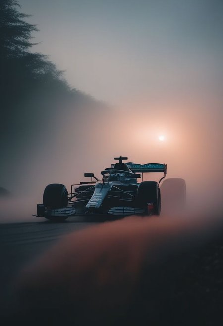 OverallDetail high-speed f1 car photography, during twilight, dramatic, moddy, misty environment, low contrast muted color tones, shot on 500 mm anamorphic lens, with an extreme shallow depth of field, creating a dreamy lens flare, atmospheric fog, cinematic masterpiece, neo noir aesthetic, movie still, bloom, 4k uhd, intricate details