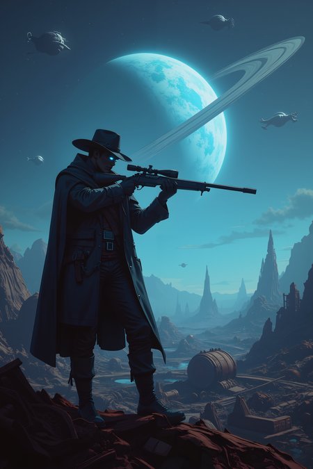 At the heart of a massive scrapyard floating in the depths of space, a space cowboy stands atop a pile of twisted metal, his figure silhouetted against the glowing rings of a nearby planet. His coat, patched and worn, billows behind him as he surveys the rusted starships and broken droids that litter the landscape, their once-great forms now reduced to debris. His wide-brimmed hat casts a shadow over his face, but his sharp, icy-blue eyes gleam with the light of the distant stars. In his hand, he grips a long-range rifle, its barrel glowing faintly as he calibrates the scope, scanning the horizon for any sign of movement. Above, a network of abandoned space stations drifts silently through the void, their lights long extinguished, but the faint hum of forgotten technology still lingers in the air. The cowboyâs ship, a small but fast freighter, hovers quietly nearby, its engines idling as it waits for its captain to make his next move. The silence of the scrapyard is punctuated only by the distant echo of clanging metal and the soft whir of ancient machinery struggling to stay alive. The cowboyâs expression is hard, unyielding, as he prepares for whatever dangers lie hidden among the wreckage. This is a place where only the toughest survive, and heâs been here long enough to know the rules.<lora:aesthetical-000003:0.15><lora:aidmaNSFWunlock-FLUX-PonyStyle-v0.1:0.15><lora:Flux-jijia:0.1><lora:GLSHS:0.6>