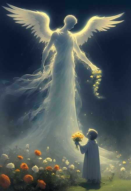 On a sunny day, in a graveyard, a young boy is offering flowers to a translucent ghost with wings