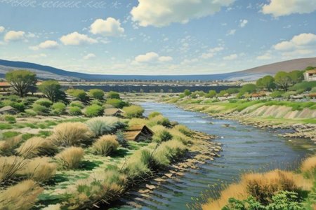 Beautiful village, down hill view, river to the bay, small boats, houses with orange roof, blue and orange sky