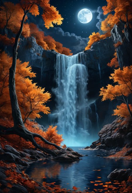 Breathtaking views, nostalgia, detailed landscape, mysterious, a miracle of nature, great lighting, Nature, autumn leaves, Waterfall, beautiful waterfall, Night, moon, moonlight, moon reflected on the water, starry sky, beautiful view, mysterious glow, beautiful clouds, depth of field, masterpiece, best quality, 8k, ultra-detailed, very aesthetic, illustration, superb composition, finest details, intricate details, absurdres, high contrast, RAW, concept art,
