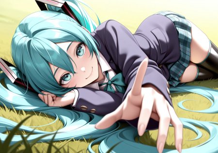 hatsune miku, 1person only, 
one hand reach out to the audience, ((look at the viewer)), sit, smile, upper body, on side, depth field, lay on grassland
absurdly long hair,aqua hair,twintails,hair ornament, sidelocks, hair between eyes,parted bangs,aqua eyes, fringe, black thighhighs, beautiful eyes, bright lens
wearing  Jedschu2, school blazer, ribbon tie, plaid skirt, 