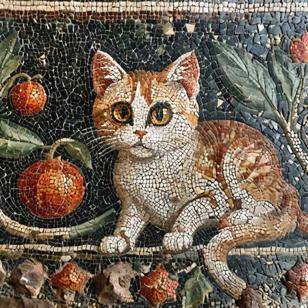 cinematic photo mosaic of a The cat is hunting for the mouse <lora:Roman_Mosaic:1.0>, 35mm photograph, film, bokeh,  professional, 8k, highly detailed