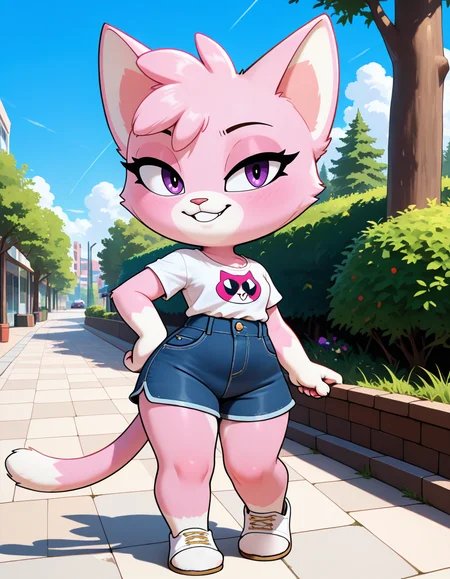 masterpiece, best quality, very aesthetic, absurdres,
outdoors, casual, 
full body, standing, posing,
seductive smile, parted lips, long eyelashes,
 <lora:Jana_v01_NAIXL:1>
J4n4,1girl,solo,furry,furry female,cat girl,cat ears,purple eyes,animal nose,body fur,two-tone fur,pink fur,white fur,cat tail,