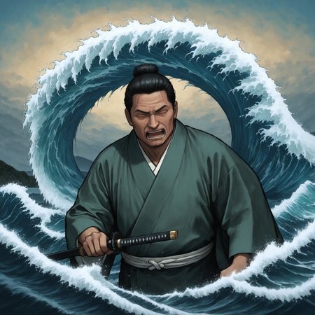 lukch, painting_\(medium\), upper body, facing viewer, looking back fleeing, kimono, nihonga, waves, unworn katana