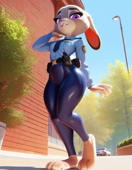masterpiece, best quality, very aesthetic, absurdres,
outdoors,
full body, barefoot, standing, posing, 
police uniform, policewoman, 
seductive smile, parted lips, long eyelashes,
<lora:Judy-Hopps_v02_NAIXL:1>,
JudyH,1girl,solo,furry female, rabbit girl, rabbit ears, purple eyes, animal nose, body fur, small breasts, two-tone fur, grey fur, white fur, rabbit tail,